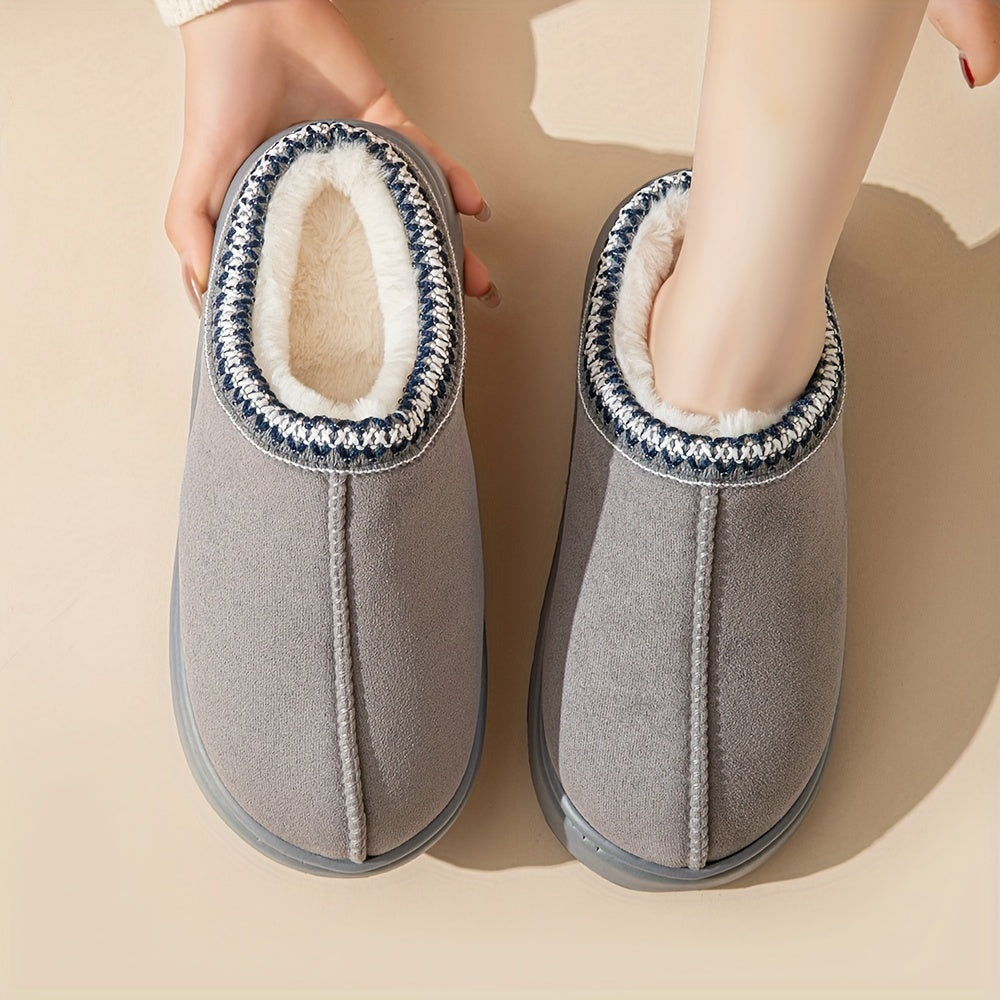 Winter slip-on slippers with cozy fabric, EVA sole, and machine washable design for both men and women.