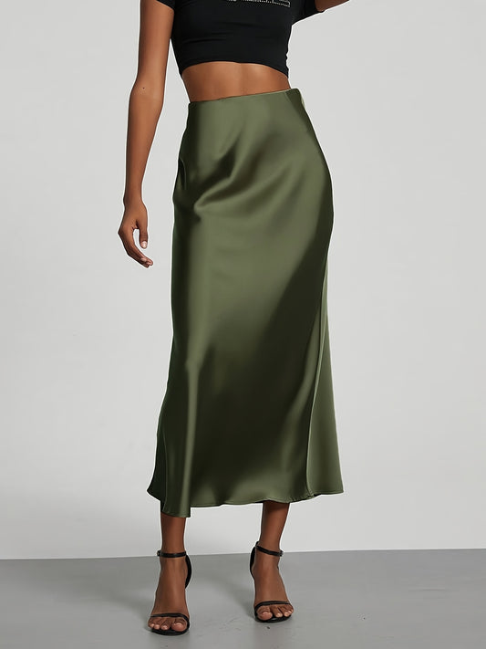 Elegant black high-waisted maxi skirt with A-line cut and smooth satin fabric, perfect for any occasion. Casual chic at its best.