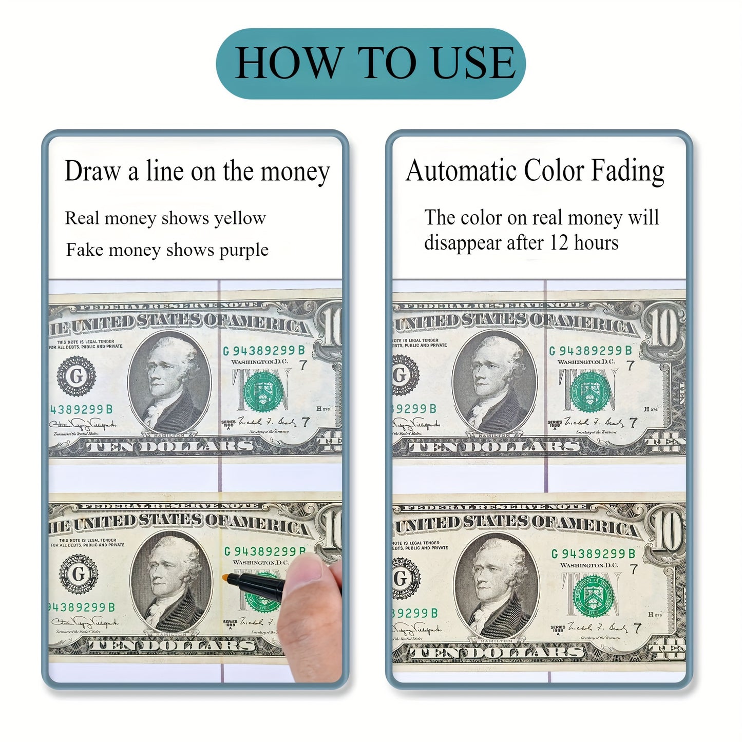 Non-electric counterfeit money marker pens with fading ink, available in 1/2/3 pack. Ideal for verifying multi-currency authenticity without batteries.