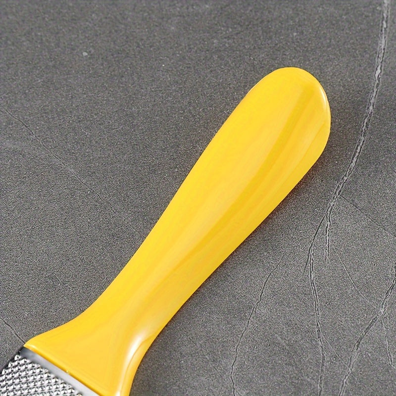 Yellow plastic pedicure set includes callus remover, file, and scraper for smooth skin without batteries or odor.