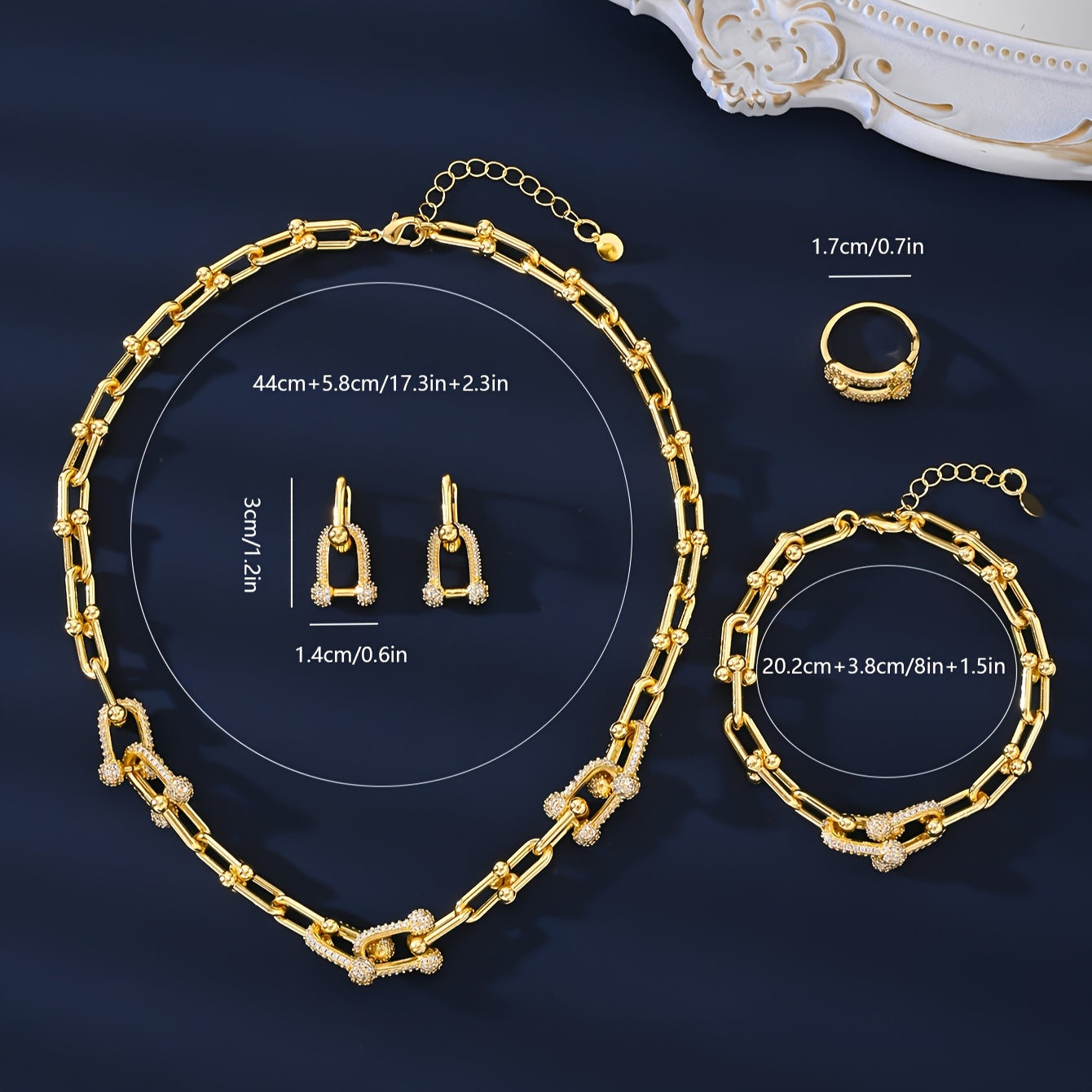 A set of four pieces of trendy European and American luxury zirconia jewelry, perfect for weddings, engagements, daily wear, holidays, social gatherings, and couple gifts. This elegant and durable set is hypoallergenic and ideal for summer.