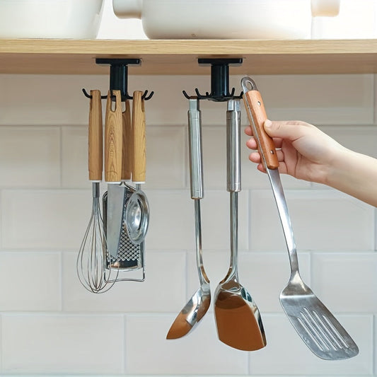 This self-adhesive plastic kitchen hook features 360-degree rotation and 6 hooks for versatile organization. Perfect for hanging cookware, handbags, clothes, and ties, this rectangular-shaped shelf is a must-have for home organization.