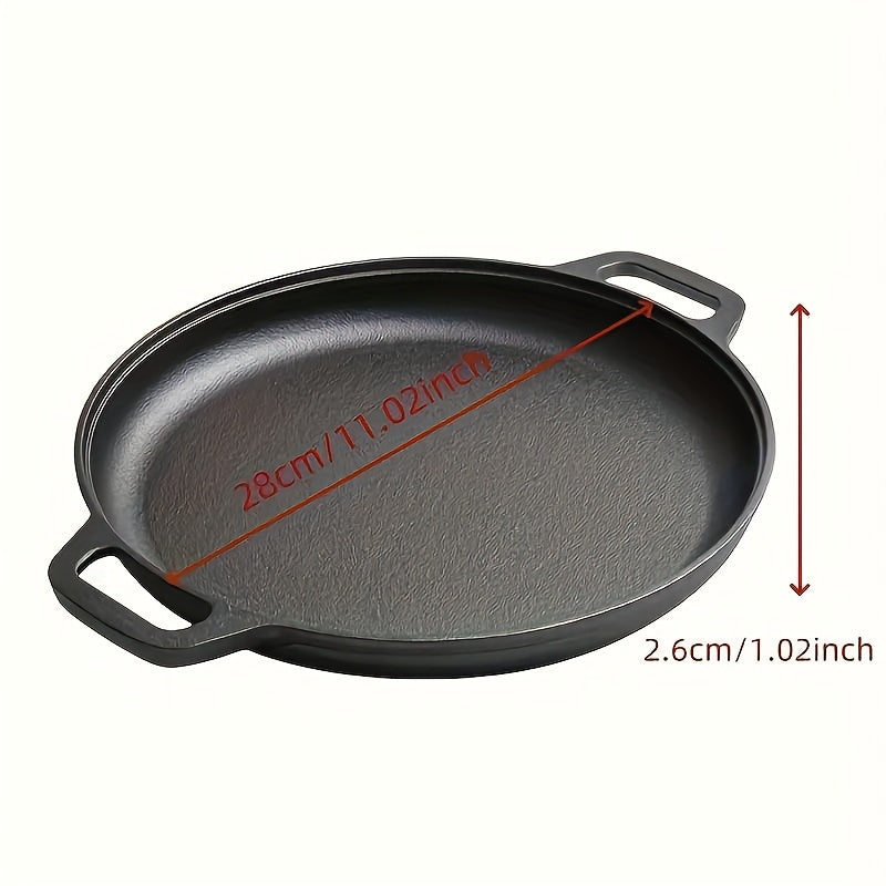 Multi-function cast iron griddle skillet for pizza, BBQ, and pancakes. Non-stick pan suitable for all stovetops. Ideal for home and outdoor cooking.