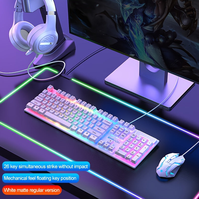 White EWEADN GX30Z Wired Gaming Keyboard with LED Rainbow Backlit, 104 Keys, Mechanical Feel, Numeric Keys, for Game and Office on Windows Laptop PC.