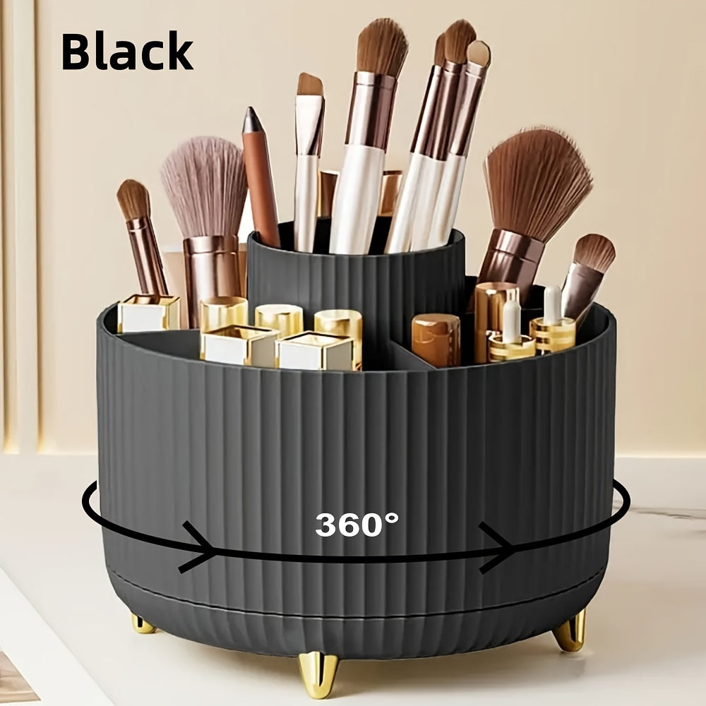 Makeup brush organizer with 360° rotation and 5 compartments for brushes, lipsticks, and stationery. Made of hypoallergenic plastic.