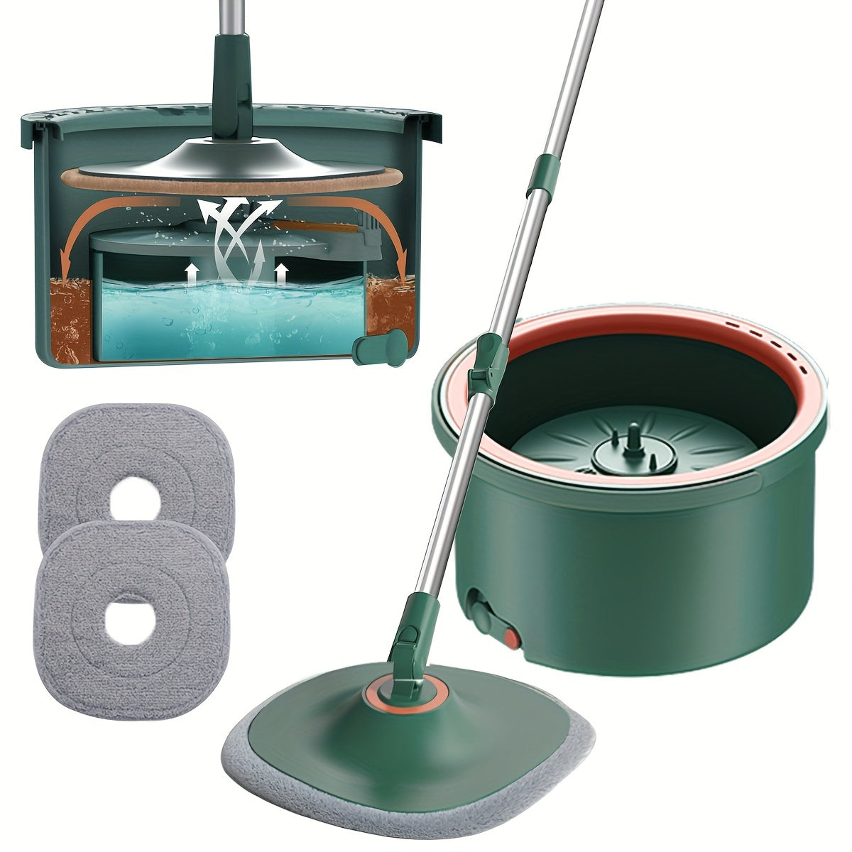 Ideal for home and dorm use, this Premium Round Spin Mop and Bucket Set features Easy Wring technology and No-Rinse technology for effortless cleaning of floors, tiles, hardwood, and laminate.