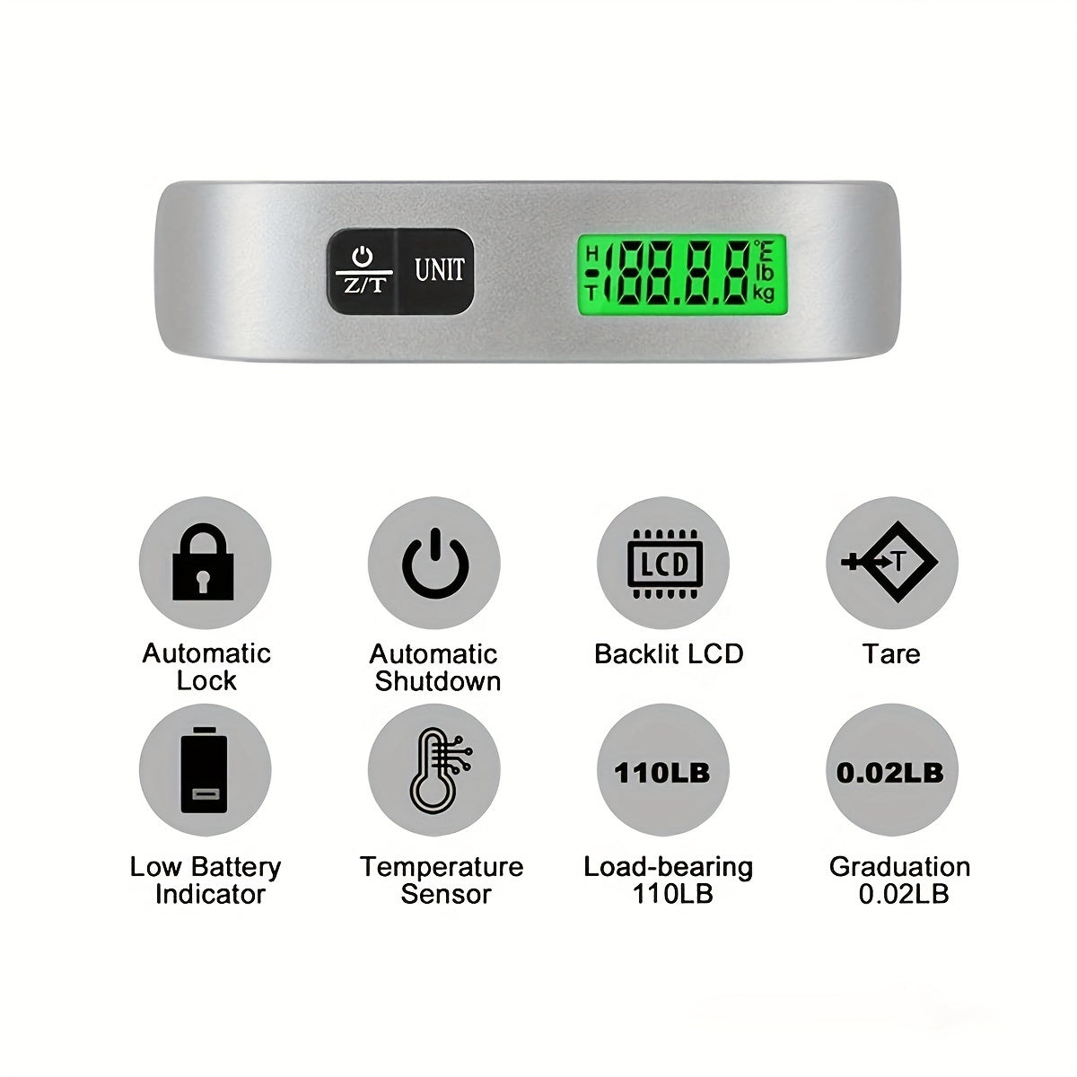 Portable hook scale with digital LCD display measures up to 110 pounds/50 kilograms. Ideal for use in the kitchen, weighing luggage, or as a travel bag weight tool.