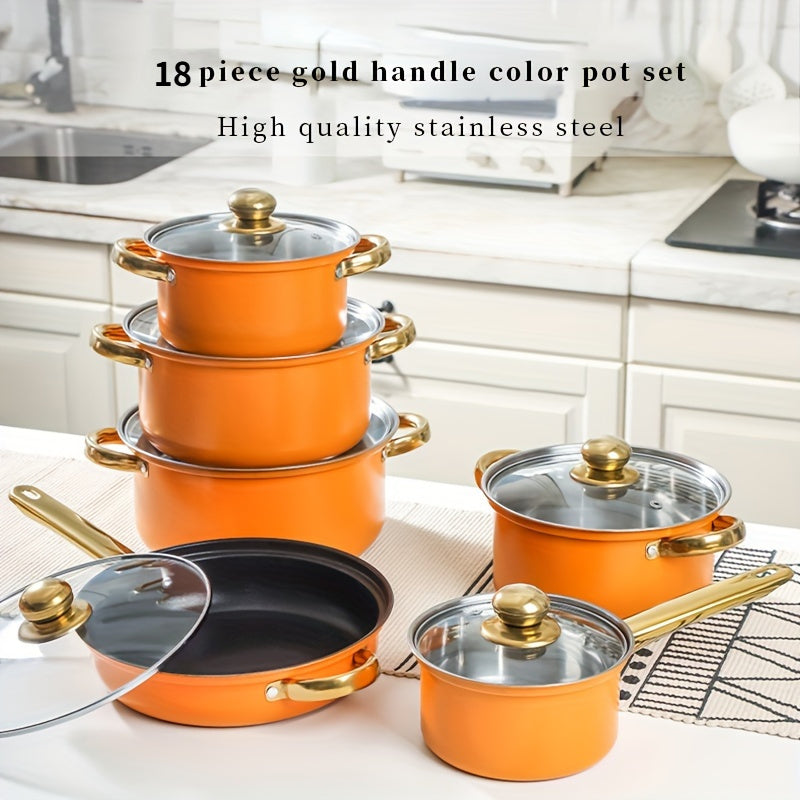 Cook with ease using this 18-piece premium stainless steel cookware set, complete with non-stick pots, golden handles, and utensils. Perfect for steaming, frying, and boiling, this essential kitchen gear is durable and stylish. Upgrade your cooking tools