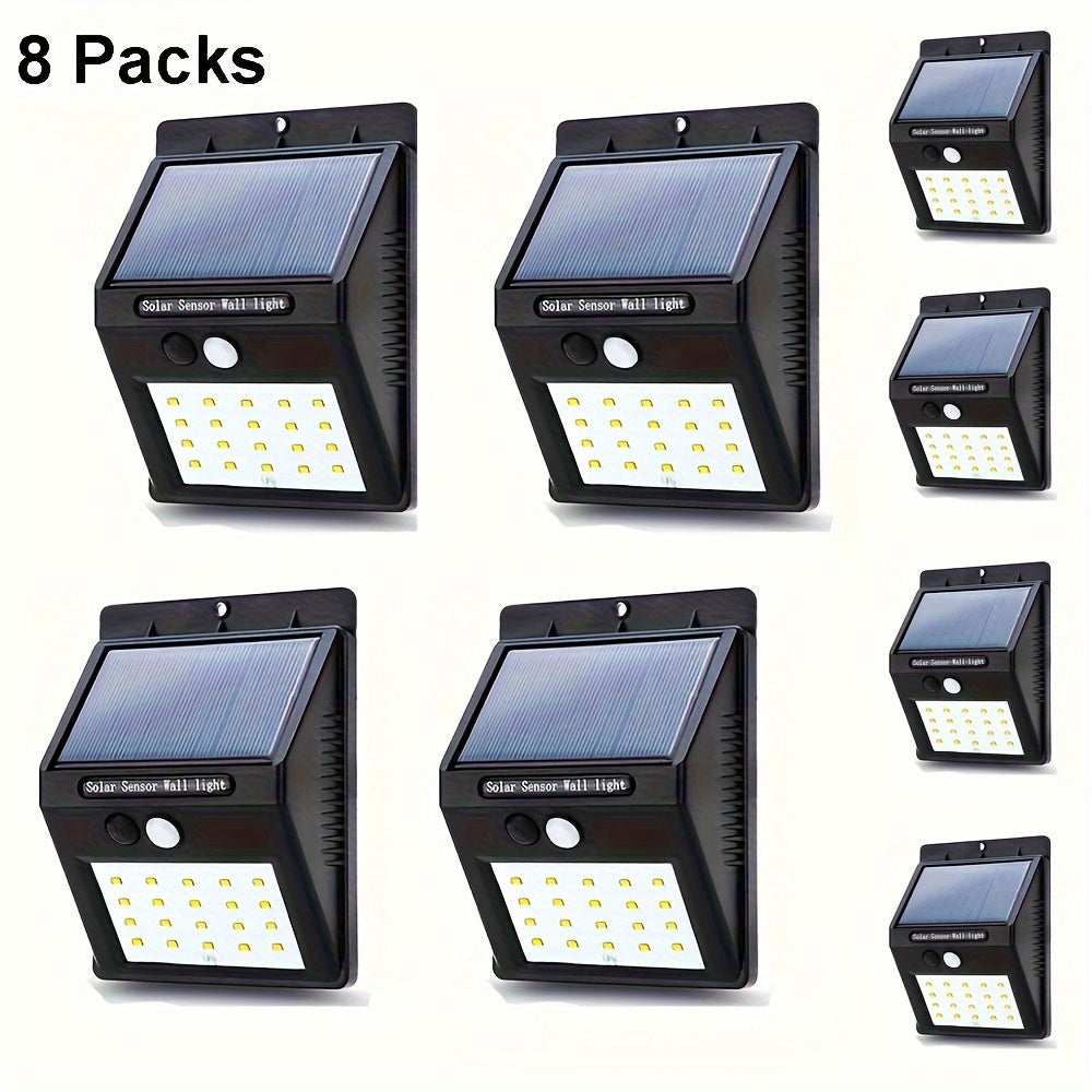 Solar powered motion sensor lights with rechargeable battery for outdoor security, suitable for garden, fence, patio, and garage. Available in sets of 4 or 8.