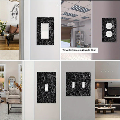 Elegant black floral print wall plate for switch & outlet cover. Easy install with no wiring needed. Perfect for kitchen, office, or hotel.