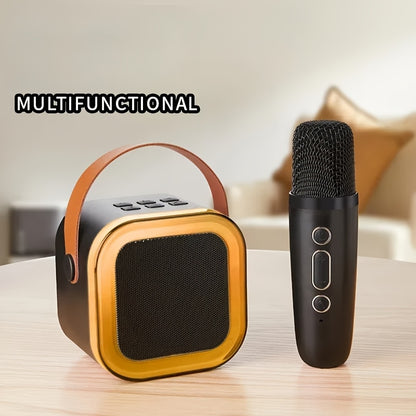 Portable karaoke speaker with light, handheld microphone included. USB rechargeable, ideal for home, car, camping, and parties. Pink/black color.