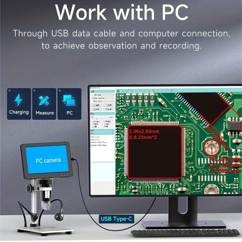 Rievbcau 17.78cm LCD Digital Microscope with Leds, 1200X Magnification, DM9 1080P HD Soldering Microscope for Electronics Repair.