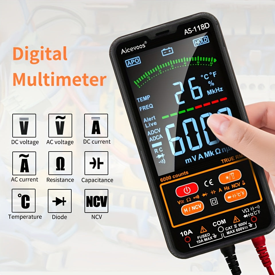 Smart digital multimeter auto-ranges to measure voltage, current, capacitance, resistance, continuity, duty-cycle, temperature, and frequency.