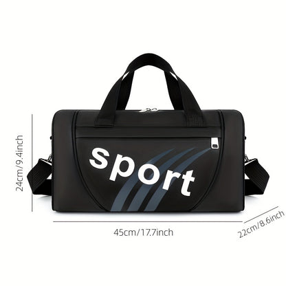 Unisex black nylon tote bag with adjustable shoulder strap and letter print for gym, yoga, sports, and leisure.