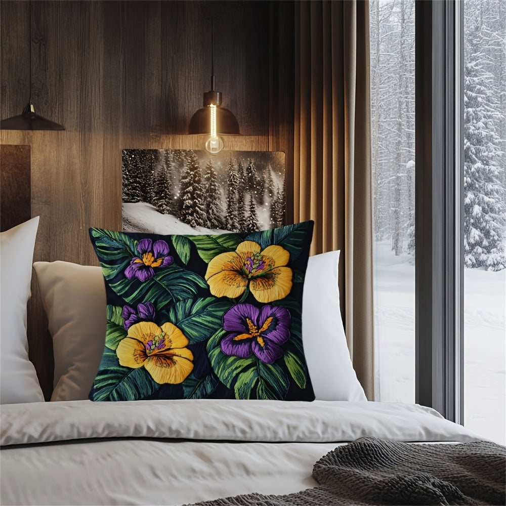 Square Pillow Cover with Tropical Floral Embroidery, Made of 100% Polyester, Double-Sided Design with Zipper Closure, Easy to Clean in Washing Machine, Ideal for Home or Office Farmhouse Style Decoration