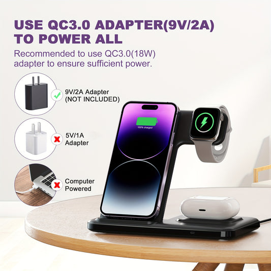 LONET 3 in 1 Folding Wireless Charging Station for iPhone, iWatch, and Airpods with USB Type-C Connector and Fast Charging capabilities. Operating Voltage ≤36V.