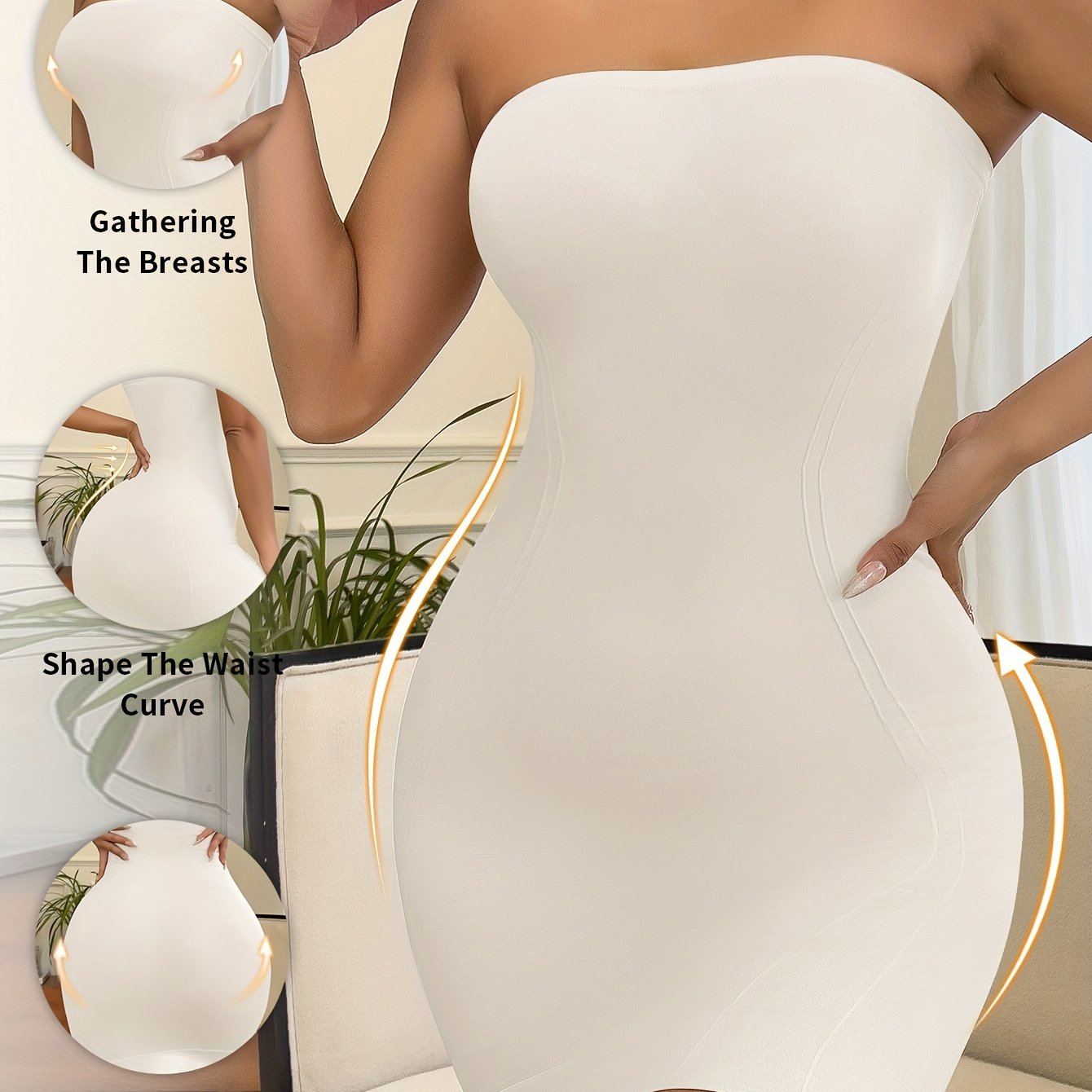 Women's shapewear bodysuit dress with seamless nylon knit for slimming and lifting, lightweight fabric.