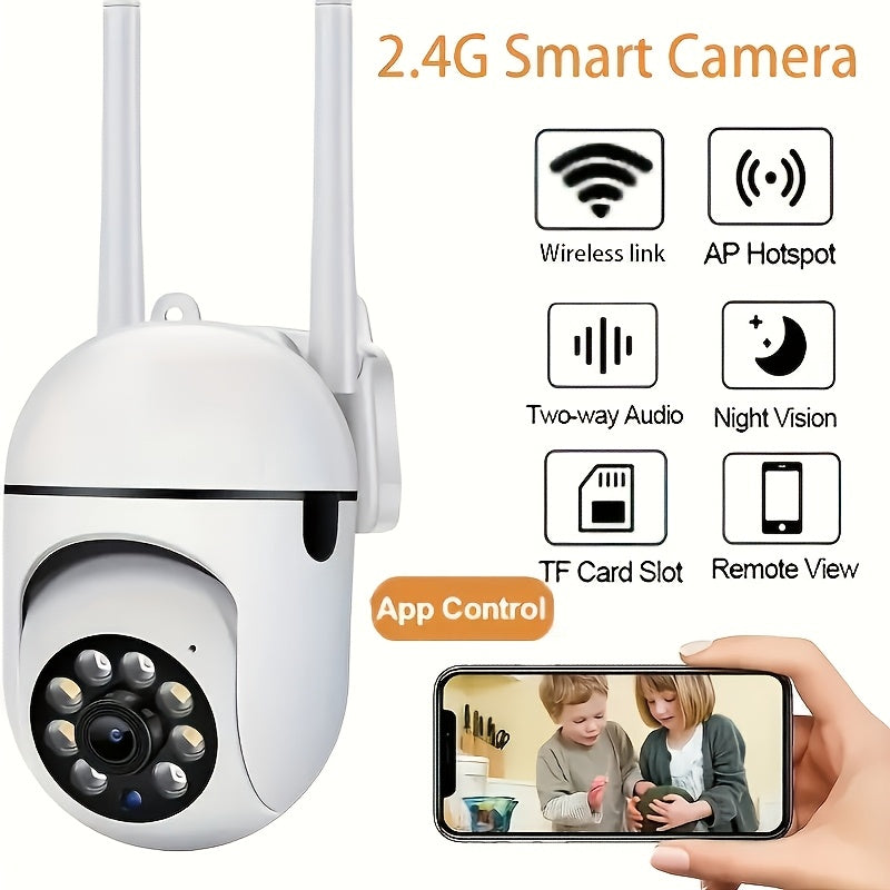 HD Smart WiFi Security Camera features 1080P resolution, Auto-Tracking, Night Vision, and Human/Pet Detection with Motion Alerts. This camera can be used indoors or outdoors, is USB powered, and compatible with smartphones. It operates on wireless 2.4GHz