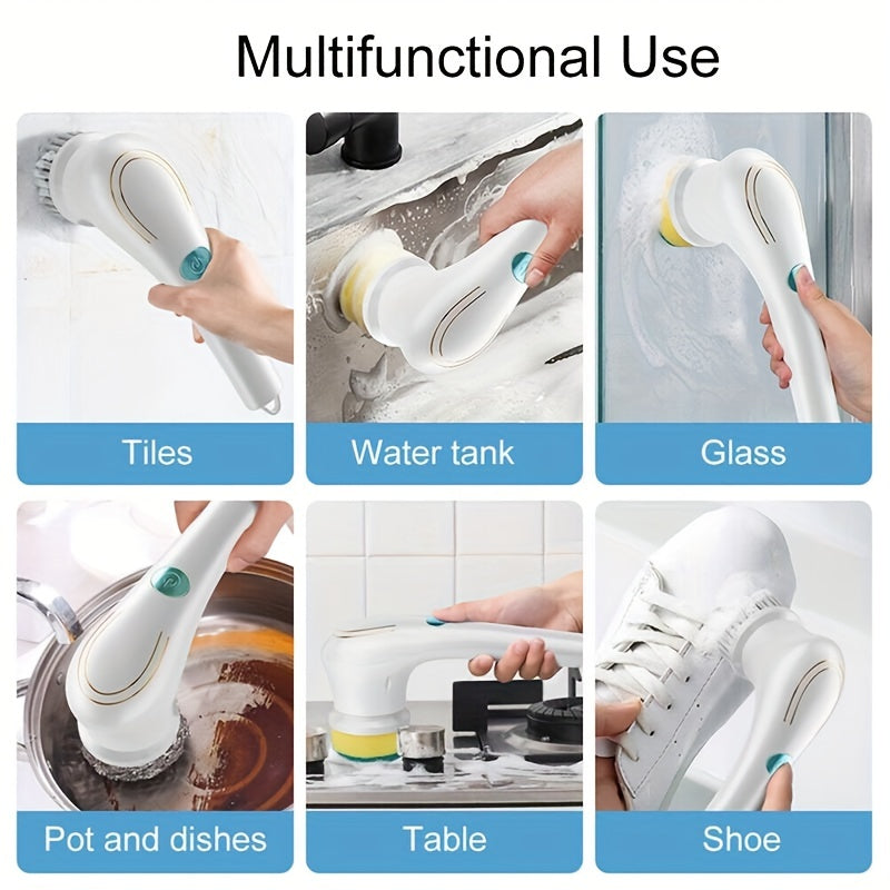 A cordless handheld cleaning brush with 5 interchangeable brush heads for use in bathrooms and kitchens.