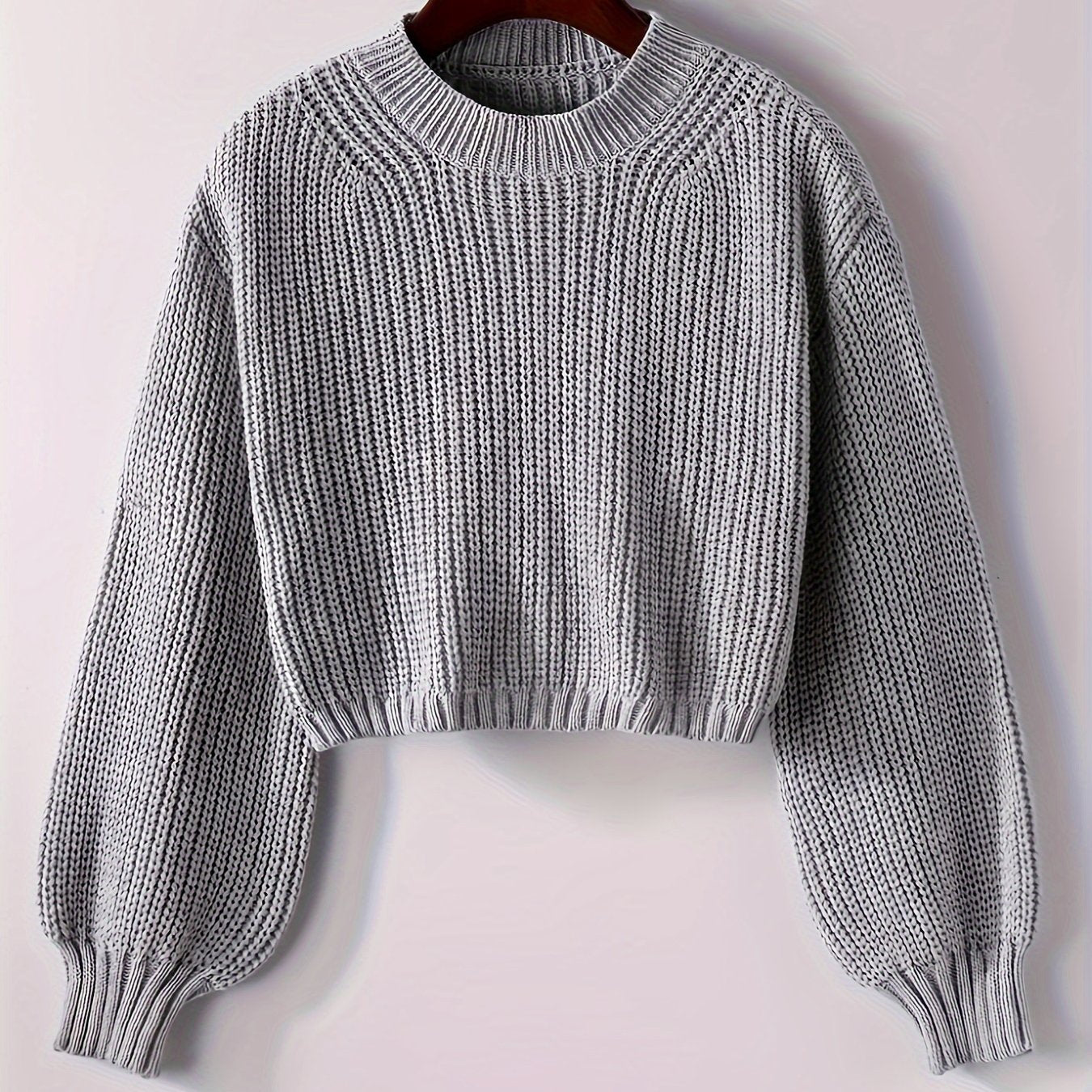 Solid color crew neck knit sweater, casual long sleeve crop pullover for fall & winter, women's clothing.