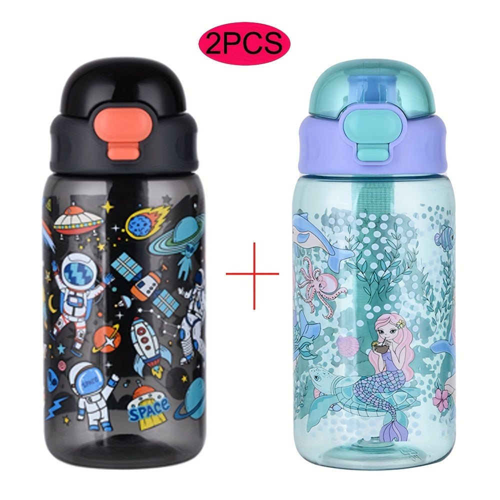 2 packs of 20oz thermal transfer cartoon pattern water cups with portable handles, perfect for home, outdoor activities, and gifts.