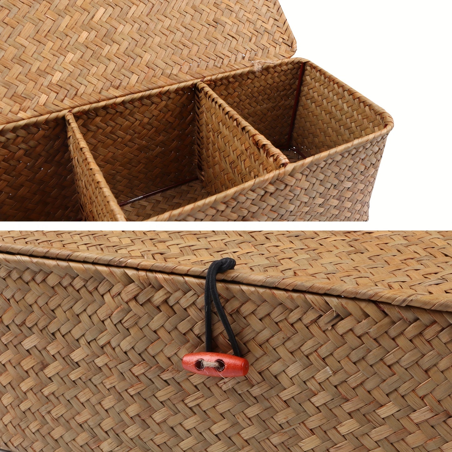 Rectangular seagrass storage basket with lid, durable woven organizer with compartments for snacks, toys, and more. Natural aesthetic with red button closure. Shelf baskets included.