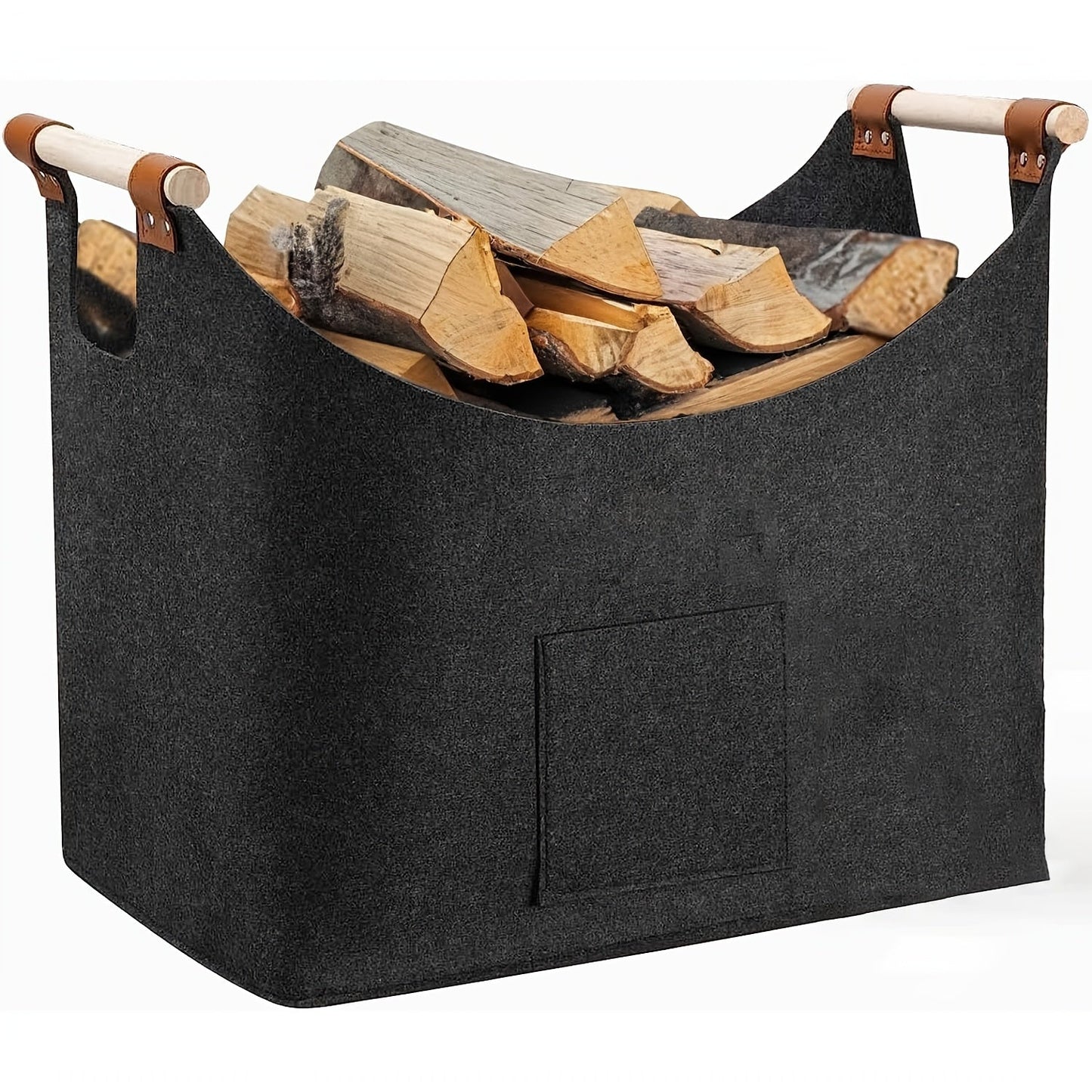 Extra large foldable fire basket made of thickened felt with a capacity of 55L, perfect for fireplaces. Features extended handles for easy carrying, doubles as a space-saving firewood and vegetable basket in dark gray color. Perfect for indoor wood