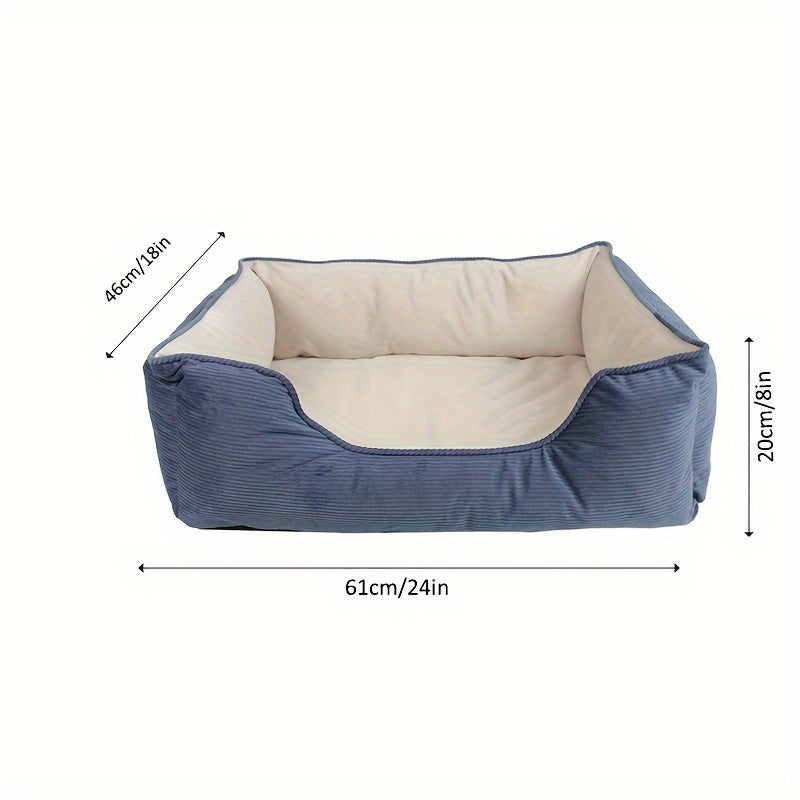 Square pet bed for medium to large dogs, cozy and warm with polyester fiber and pillow cushion, perfect for winter comfort. Beige, non-assemblable design.