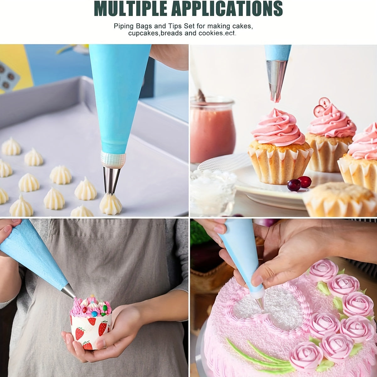 The cake decoration set includes baking tools, molds, piping bags, and tips, totaling 21 pieces.