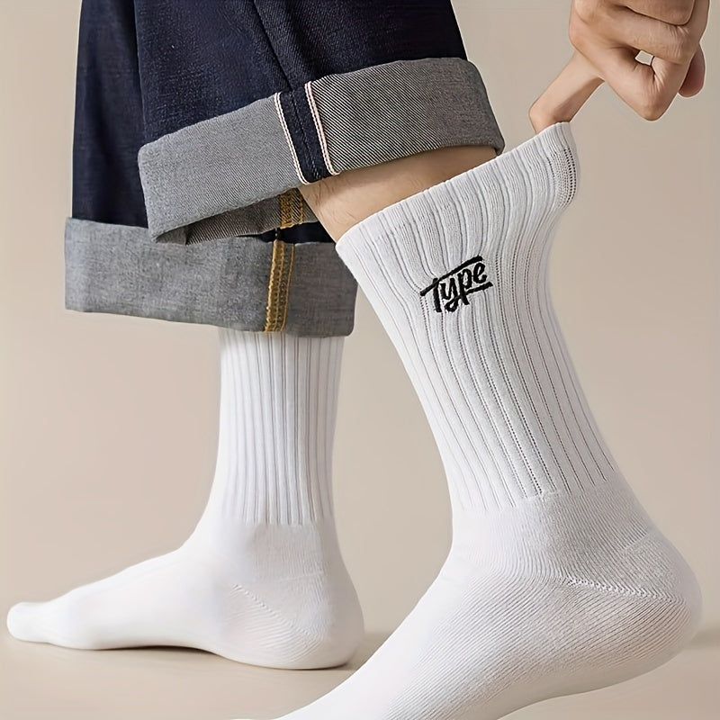 Men's 3-Pack Crew Socks featuring breathable polyester with anti-odor and moisture-wicking properties. Comfortable knit with ribbed cuffs, letter print, and stretch fabric. Hand wash only.