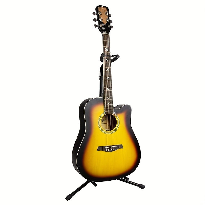 Portable guitar stand, adjustable height, foldable, with soft padding and rubber feet for all guitar types.