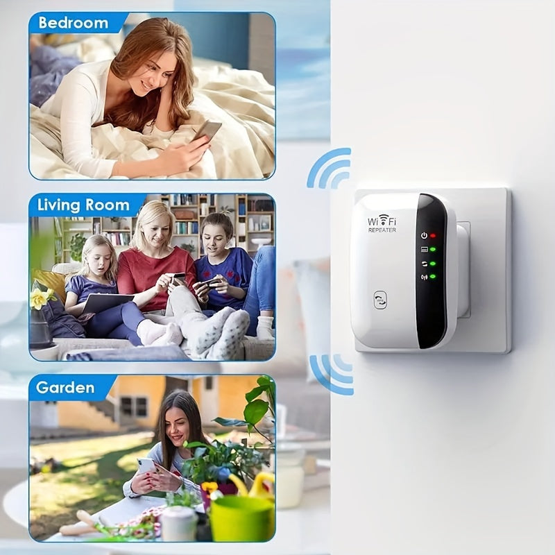 Dual-mode Wifi signal booster doubles as a router, boosting signal to 1200Mbps on 2.4 & 5Ghz bands, supporting 35 devices. Features 4 modes, one-click setup, 4 antennas for 360° coverage