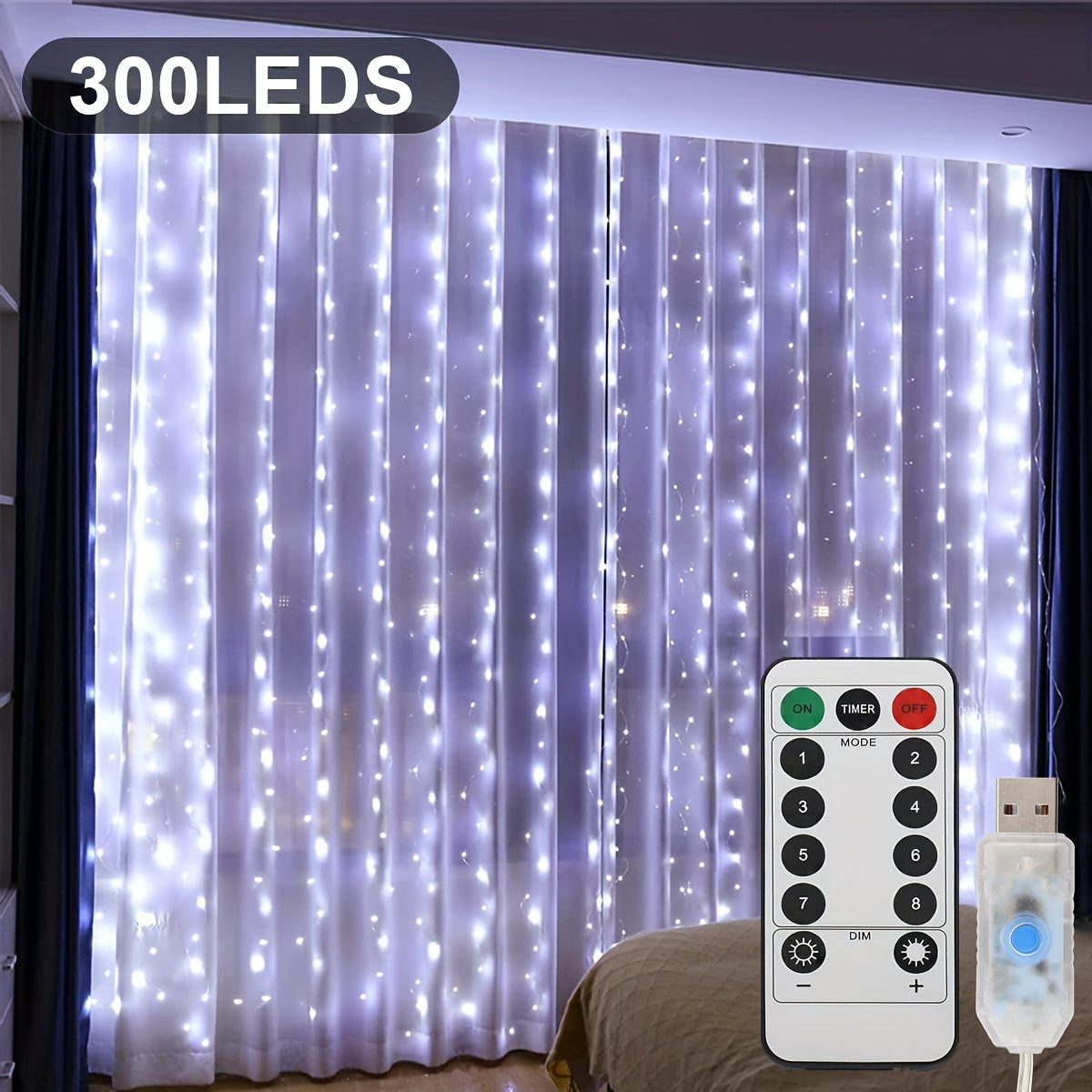 300/200/100 LED Curtain String Lights, 8 Modes, USB Plug In, Copper Wire Lights for Bedroom Window, Halloween, Christmas, Wedding Party.