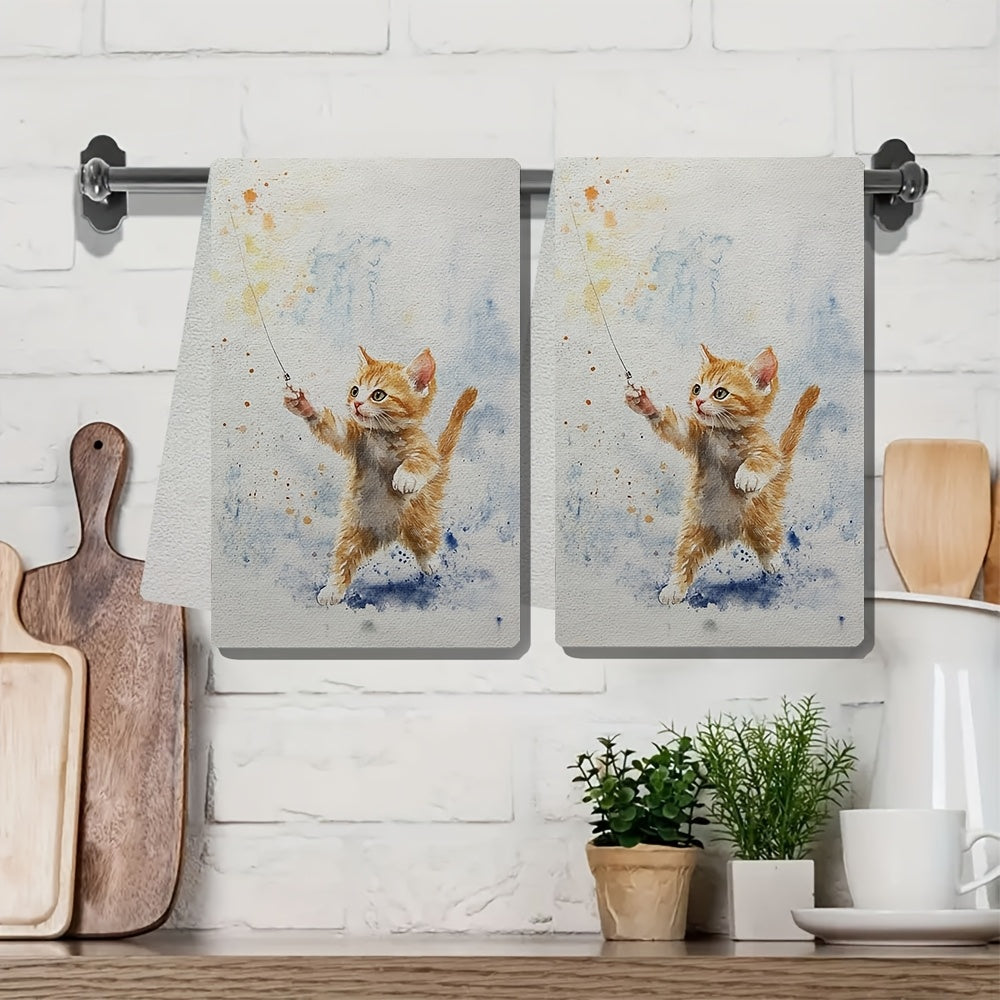 Two Ultra Soft Kitchen Towels featuring Playful Kitten & Laser Pointer Design, made from Highly Absorbent Polyester. Machine Washable, measuring 40.64x60.96 cm - Perfect for Holiday Decor and as Dish Hand Towels.