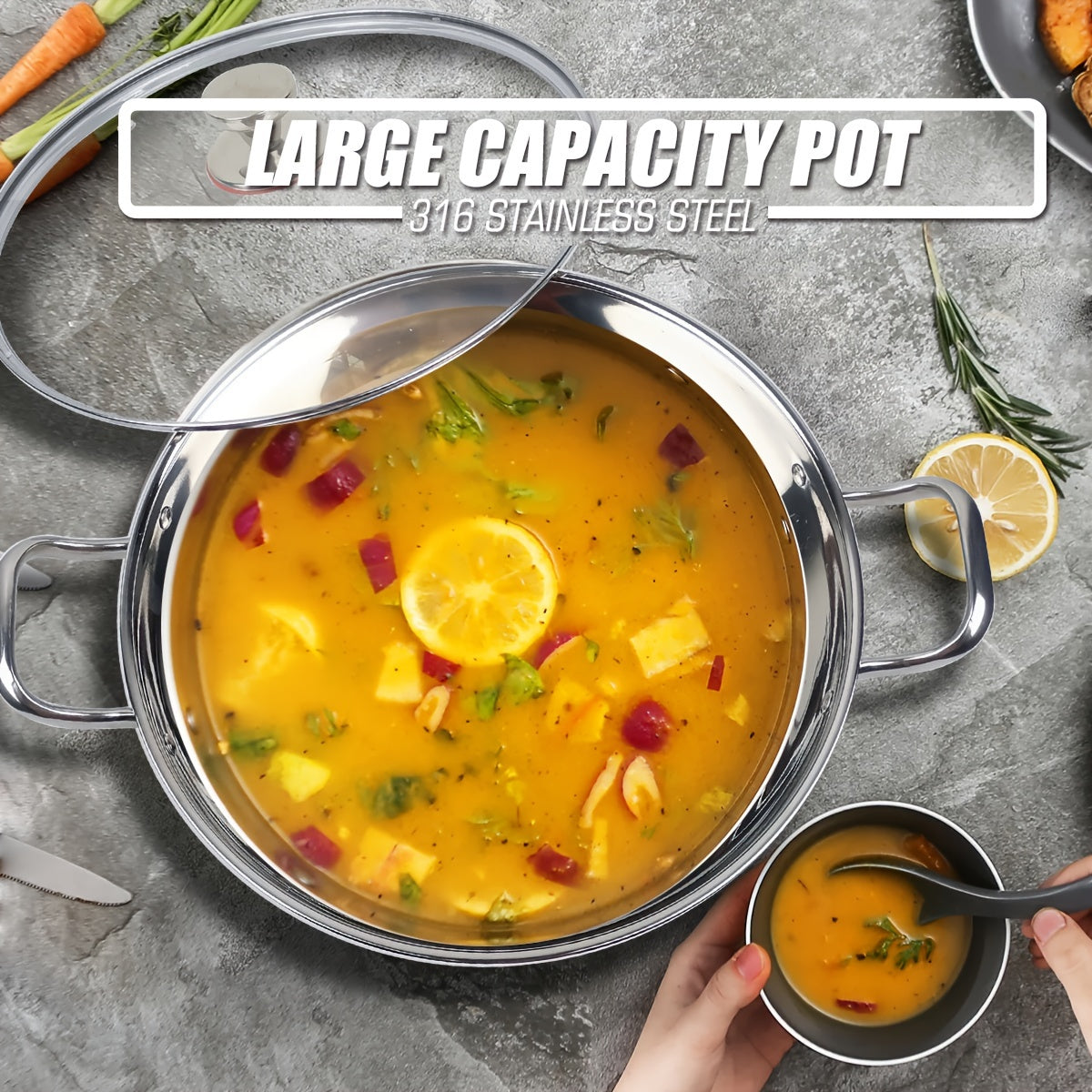 Stainless Steel Soup Pot with Glass Lid, Large Capacity, Fast Heating, Works on All Stovetops, Durable, Easy to Clean - A Must-Have Kitchen Cookware Item