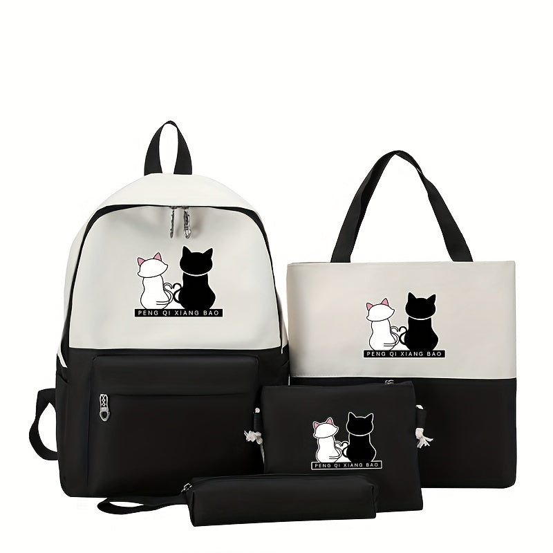 Cartoon Cat Print Backpack Set with Tote, Pencil Case, and Wallet - Perfect for Travel and School