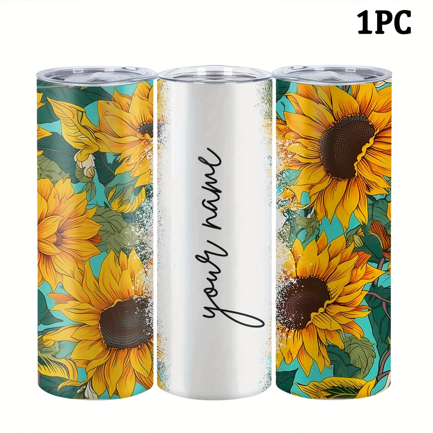 Customized sunflower stainless steel water bottle, 20oz with lid and straw, BPA-free, shatterproof, machine washable, perfect for outdoor travel and Valentine's Day gift.