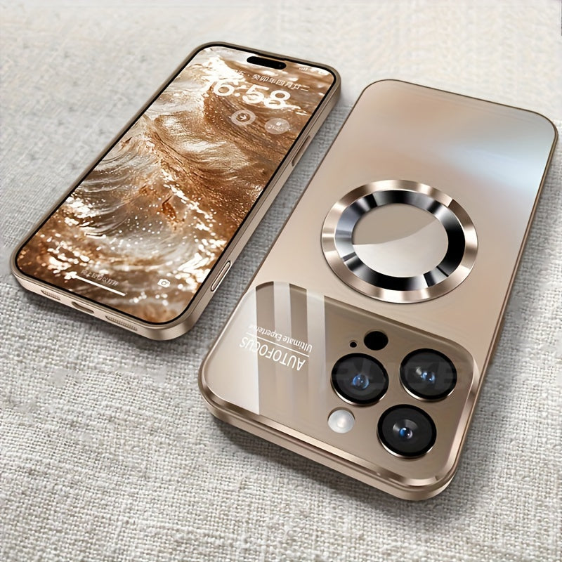 Luxurious matte titanium phone case for iPhone with magnetic wireless charging and shockproof camera lens protection.