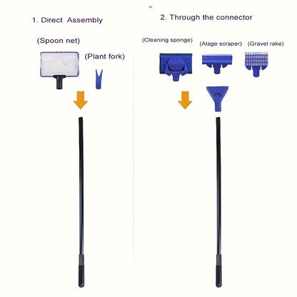 7-piece set for aquarium maintenance without battery, includes water changer, siphon hose, pump for sand washing and waste removal, and manual cleaning tool.