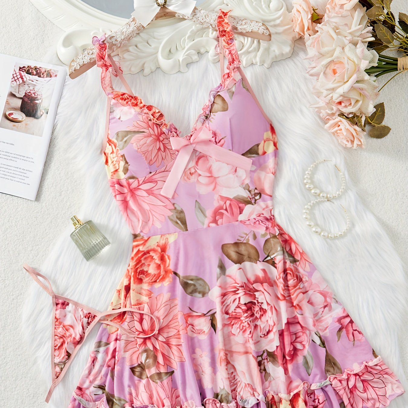 Floral print two-piece sleepwear set with ruffle hem and adjustable straps includes lingerie night dress and matching thong for women.