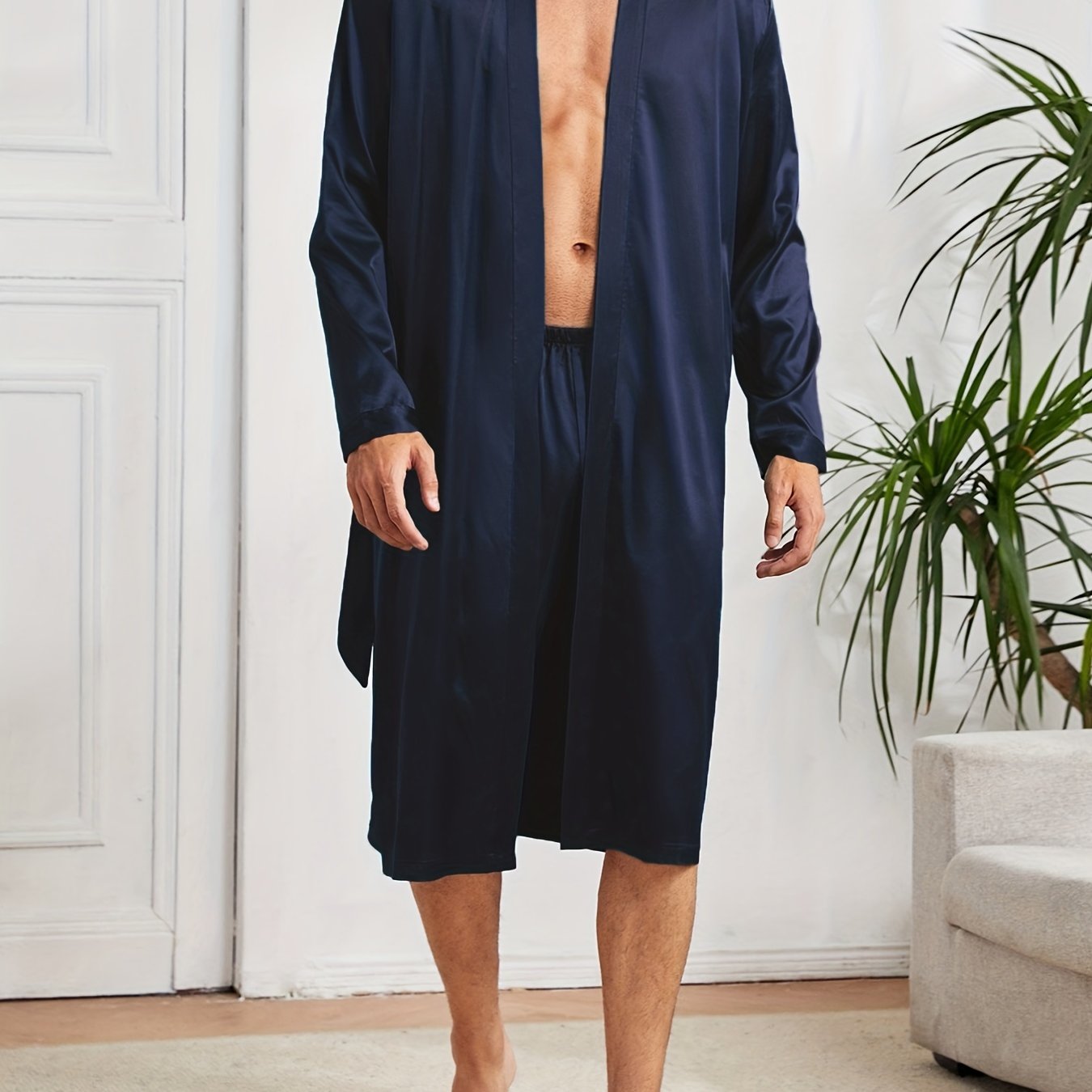 Men's simple style casual pajama sets, comfy solid robe, lace-up robe, and loose shorts home pajama sets.