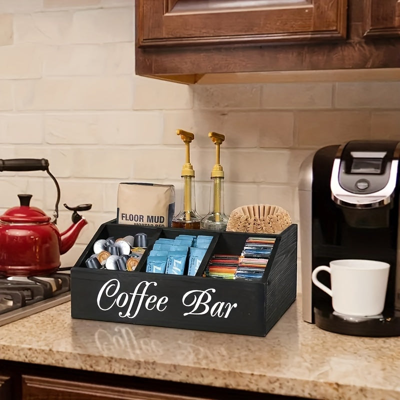 Wooden coffee bar organizer box with multiple compartments for storing coffee accessories, condiments, and pods.