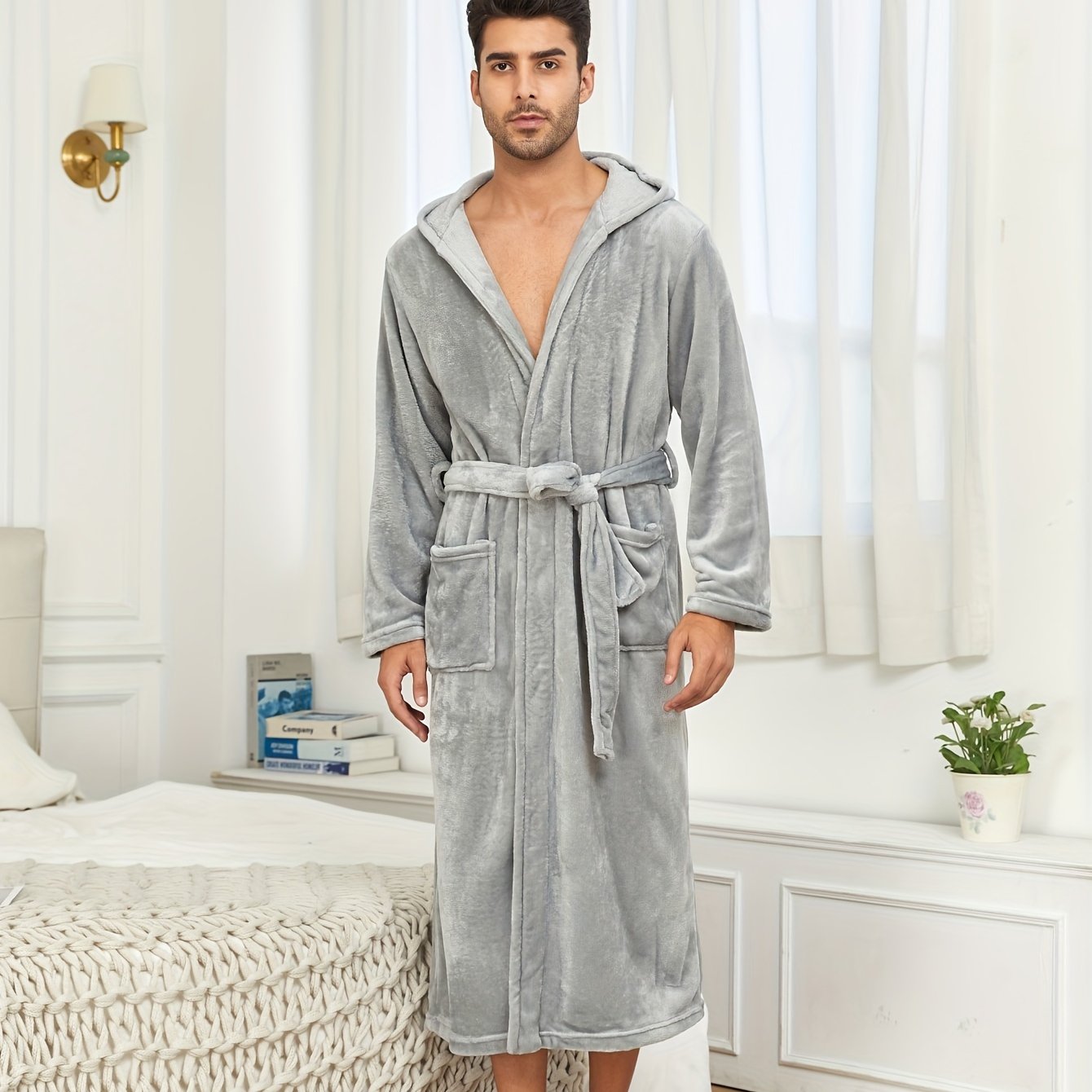 rongtai Men's Plush Fleece Hooded Bathrobe in Green with Side Pockets & Tie Belt, perfect for Autumn/Winter lounging.