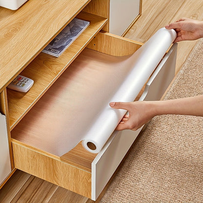 - Household kitchen item: 1 roll Cabinet Drawer Mat made of waterproof and moisture-proof EVA material; resistant to oil, water, and stains; easy to clean placemat for cabinets, refrigerators, and tables.