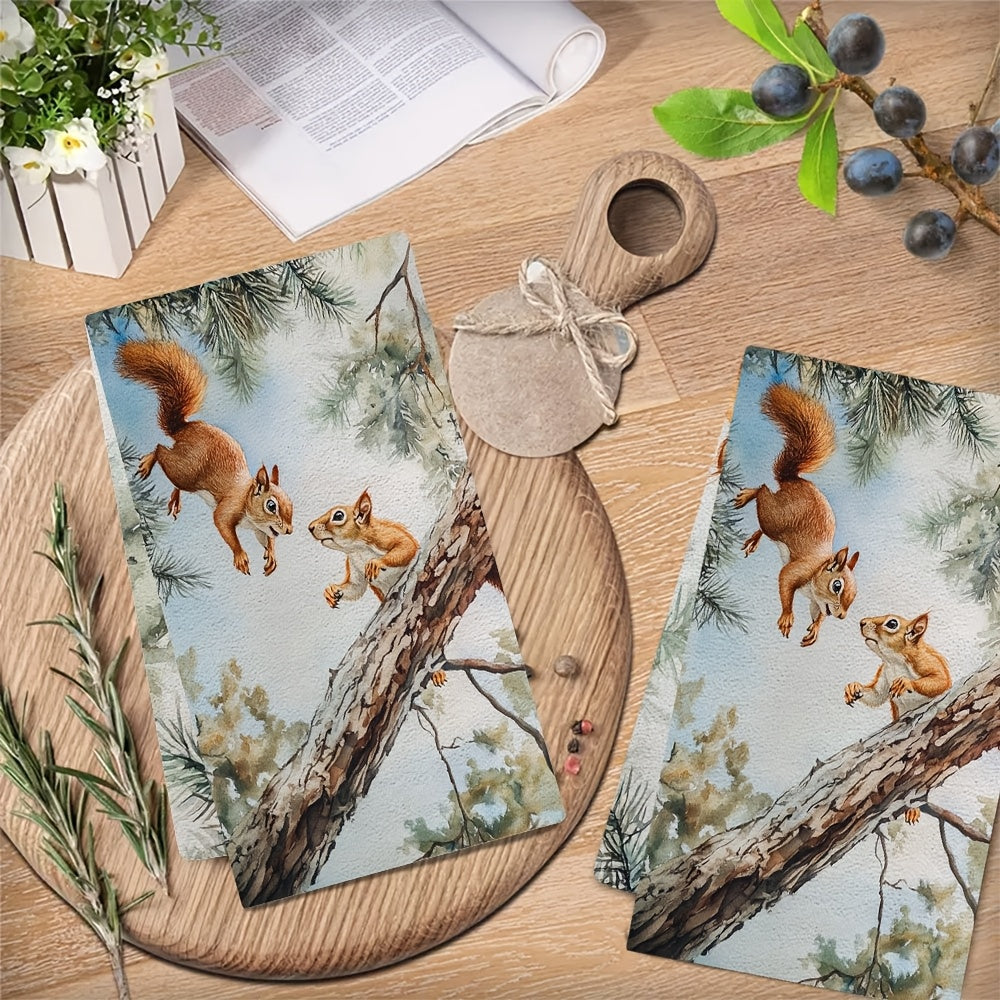 Set of 2 Ultra Soft Kitchen Towels featuring Playful Squirrels in Treetops Design. These towels are Highly Absorbent and Machine Washable, perfect for drying dishes. The Contemporary Coastal Style adds a touch of charm to your kitchen decor. Each towel