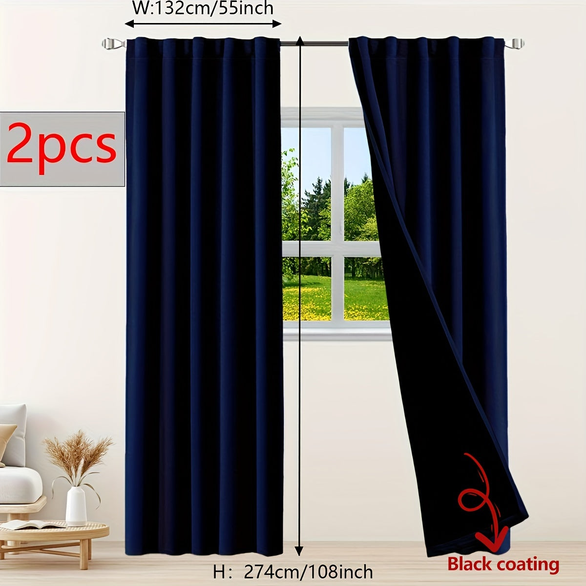 Two pieces of contemporary blackout curtains made from thermal insulated twill weave polyester. They are designed to reduce noise and block out light, making them perfect for the living room, bedroom, or study. These curtains feature a hook and ring rod