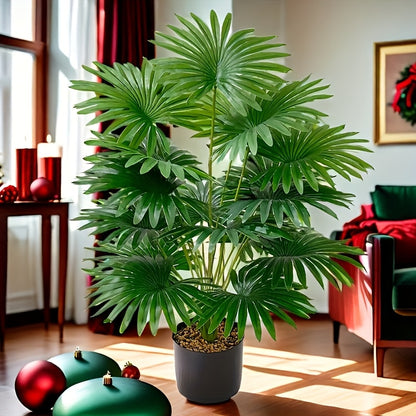 1 Artificial Palm Plant in Gray Pot suitable for indoor/outdoor use, including weddings, hotels, gardens, patios, and photography. Made of durable plastic with no need for batteries