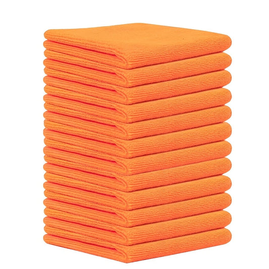 12 Vibrant Orange Ultra-Soft Microfiber Cleaning Cloths - Lint-Free and Reusable for Efficient Dusting and Cleaning of Cars, Faces, and Home Surfaces. Ideal for Bedrooms, Bathrooms, Kitchens, and Living Rooms. Includes Microfiber Car Towel.