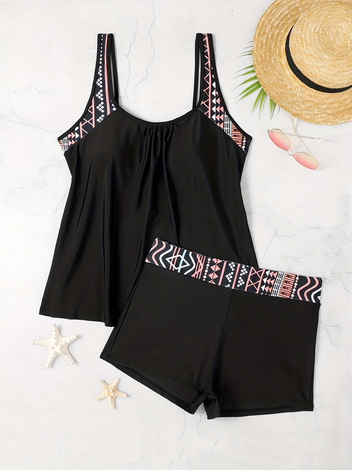 Plus size tankini set, featuring geometric panel tank top and shorts beachwear.