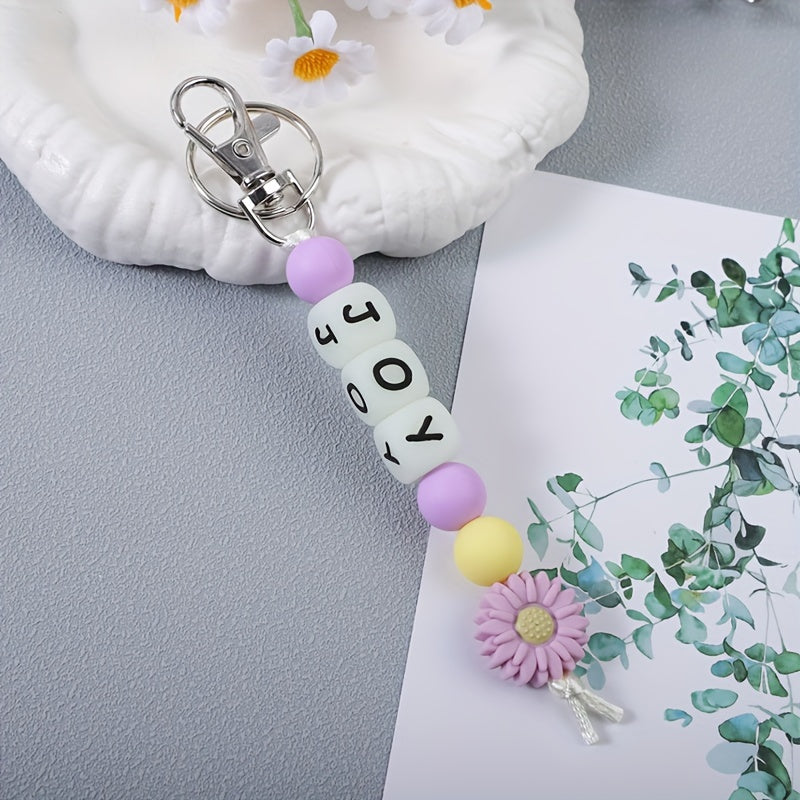 Personalized Silicone Keychain with Glow-in-the-Dark Alphabet Beads, Flower Charm, Custom Name, Perfect for Birthday Parties and Festivals, Women's Key Holder with Lobster Clasp - Great for Decorating Backpacks and Bags (Individual Item)